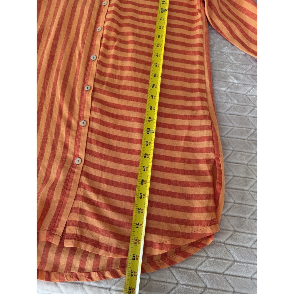Tahari Linen Blend Striped Long Sleeve Tunic Roll-Tab Orange Medium Boho Chic M - Picture 4 of 8